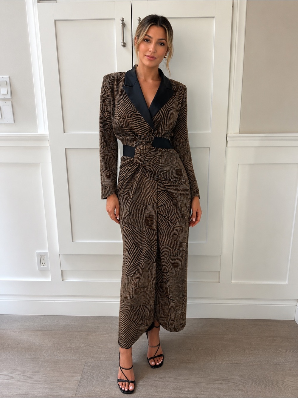 Brown & Black Draped Midi Dress with Satin Lapel